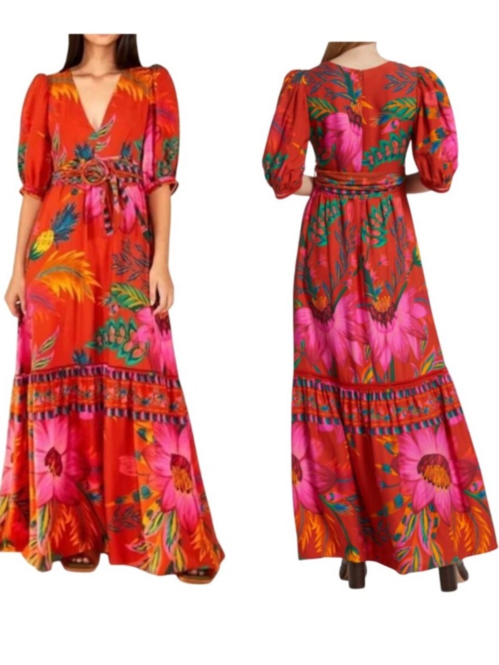 FARM Rio Red Floral Maxi Dress with Pink and Green Accents Size XS